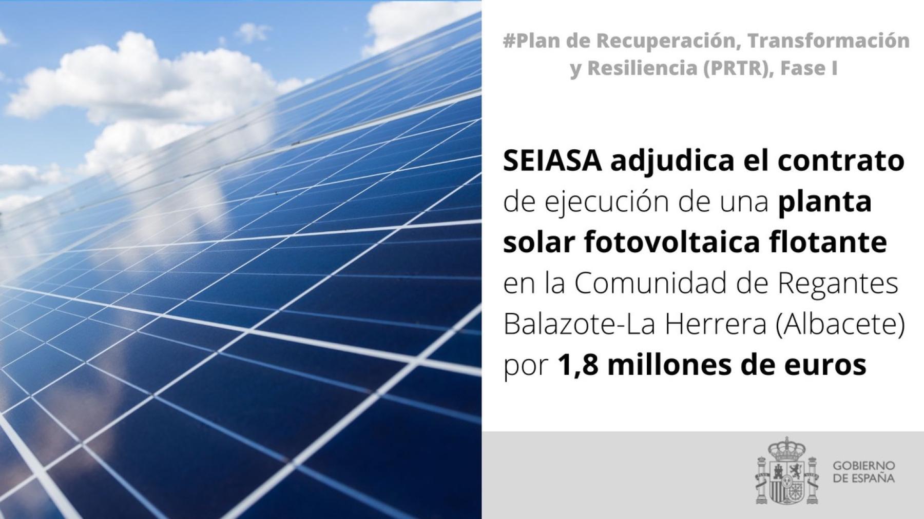 SEIASA adjudica el contrato de ejecución de una planta solar fotovoltaica flotante en la  Comunidad de Regantes Balazote-La Herrera (Albacete) por 1,8 millones de euros