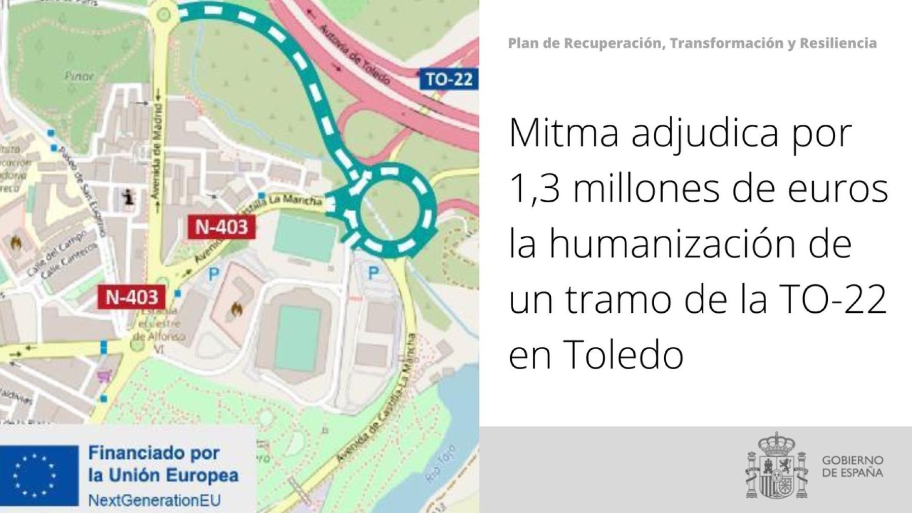 Mitma adjudica por 1,3 millones de euros la humanización de un tramo de la TO-22 en Toledo