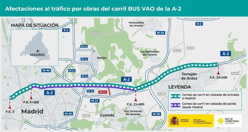 Afectaciones al tráfico en la autovía A-2 por las obras de mejora del carril BUS-VAO, en Madrid