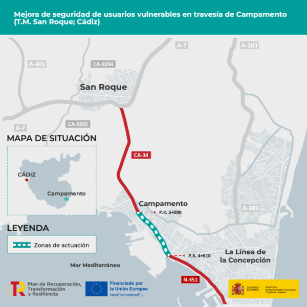Mitma licita por más de 1 millón de euros las obras de mejora de seguridad en la carretera N-351 a su paso por Campamento en San Roque, provincia de Cádiz