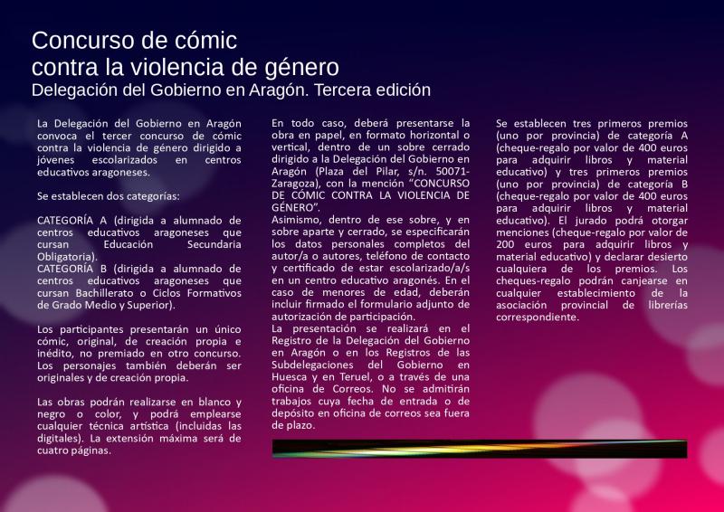La Delegación del Gobierno en Aragón convoca el tercer concurso de cómic contra la violencia de género dirigido a estudiantes 