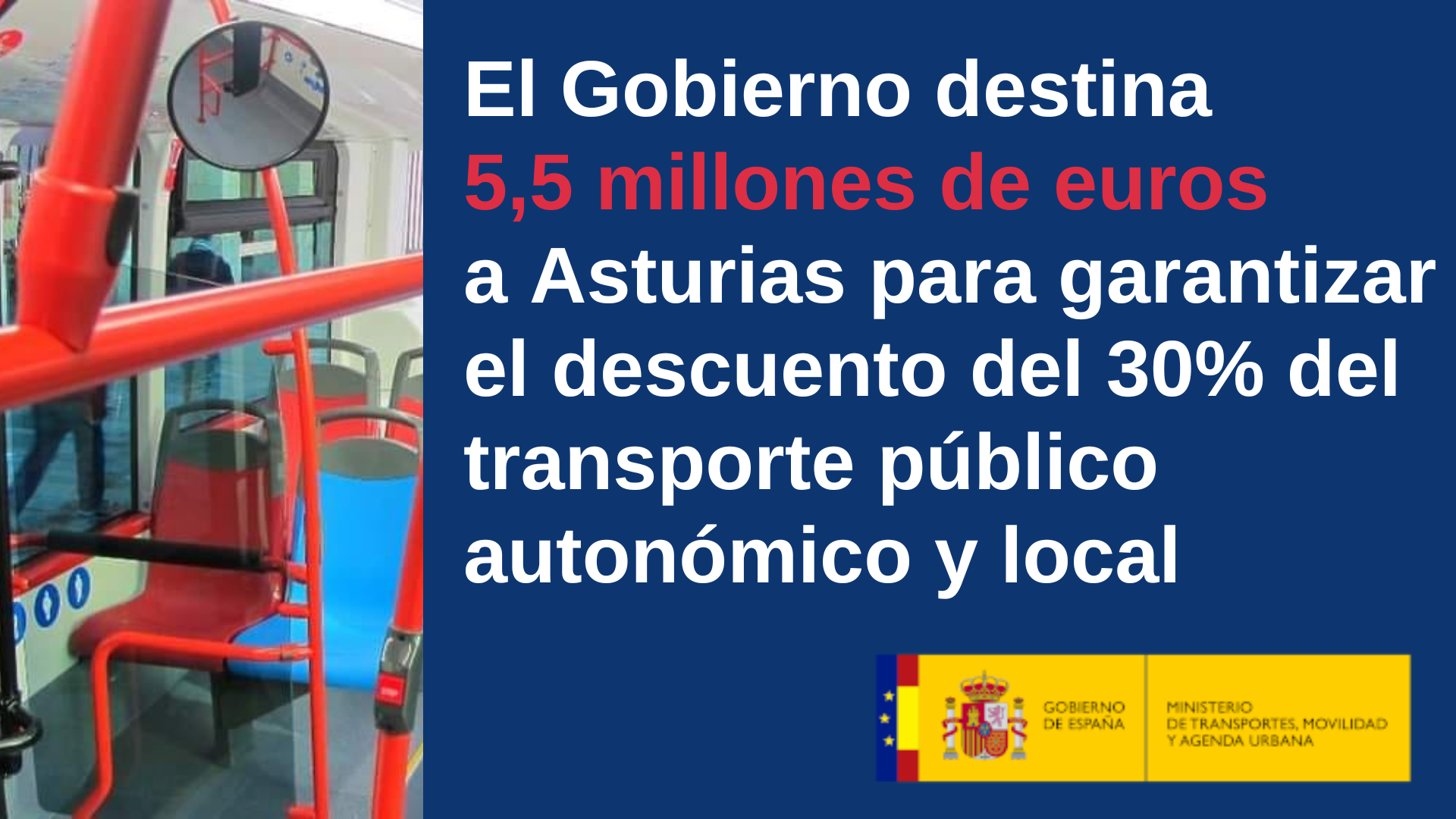 El Gobierno destina 5,5 millones de euros a Asturias para garantizar el descuento del 30% del transporte público autonómico y local