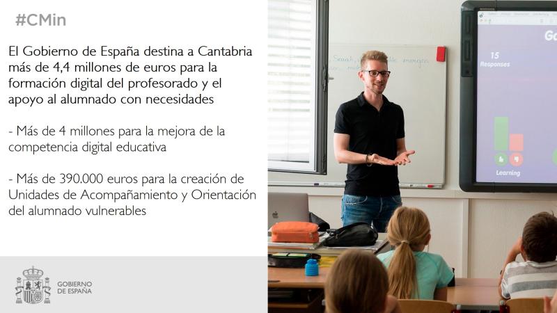 El Gobierno destina más de 4,4 millones a Cantabria para formación digital del profesorado y apoyo al alumnado con necesidades