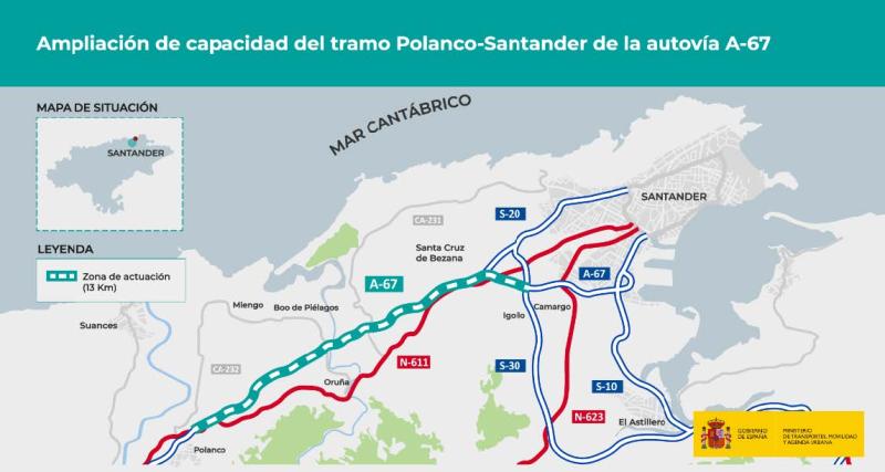 Mitma licita por 202,9 millones de euros las obras para la ampliación de capacidad de la autovía A-67 entre Polanco y Santander
