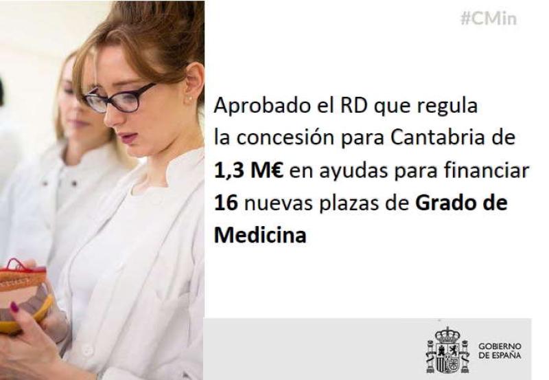 El Gobierno destina más de 1,3 millones de euros a Cantabria para incrementar 16 plazas del Grado de Medicina