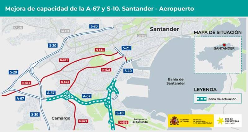 Transportes somete a información pública el proyecto de trazado para aumentar la capacidad de la A-67 y la S-10 en Santander