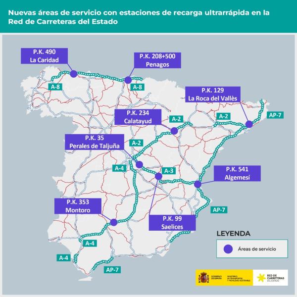 Transportes instalará estaciones de recarga eléctrica ultrarrápidas para coches en ocho áreas de servicio de carreteras estatales Transportes instalará estaciones de recarga eléctrica ultrarrápidas para coches en ocho áreas de servicio de carreteras estatales