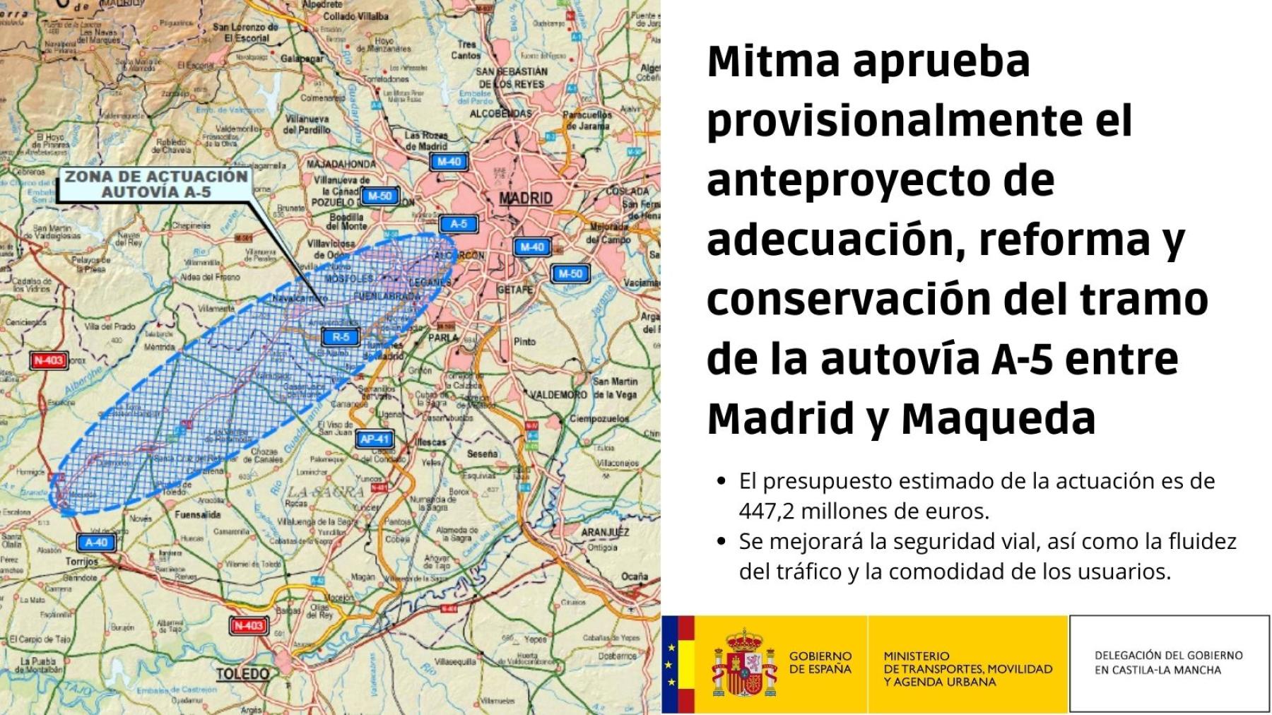 Mitma aprueba provisionalmente el anteproyecto de adecuación, reforma y conservación del tramo de la autovía A-5 entre Madrid y Maqueda