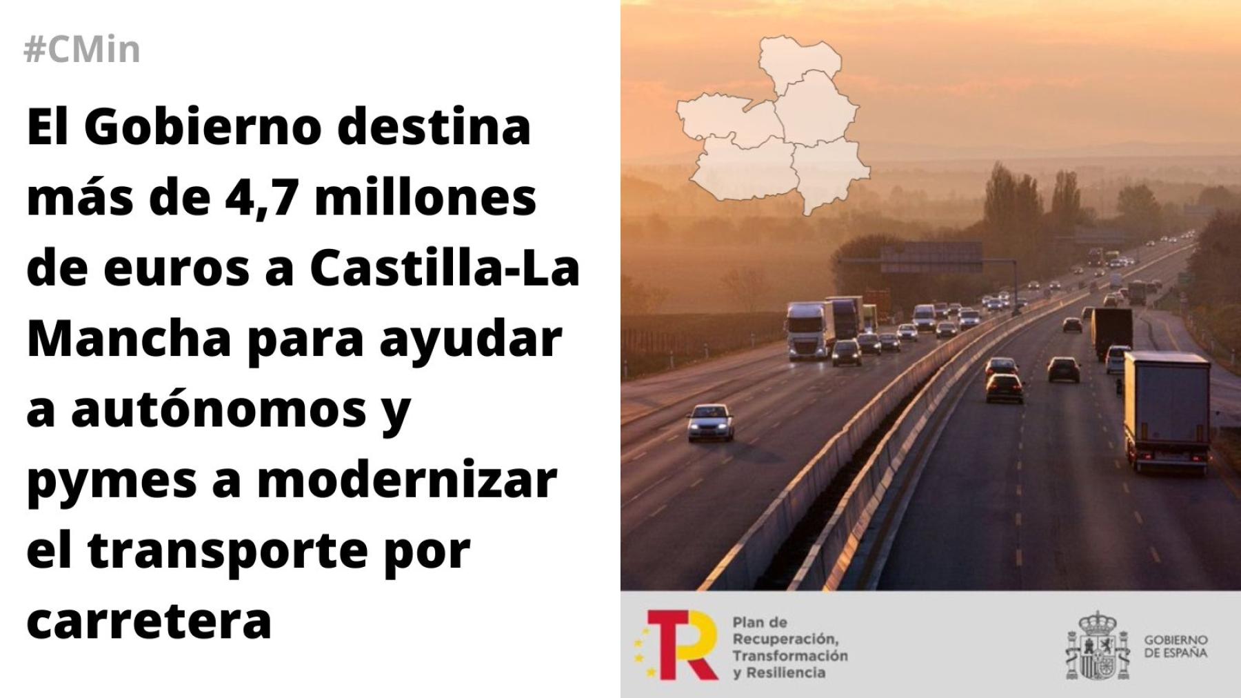 El Gobierno destina más de 4,7 millones de euros a Castilla-La Mancha para ayudar a autónomos y pymes a modernizar el transporte por carretera