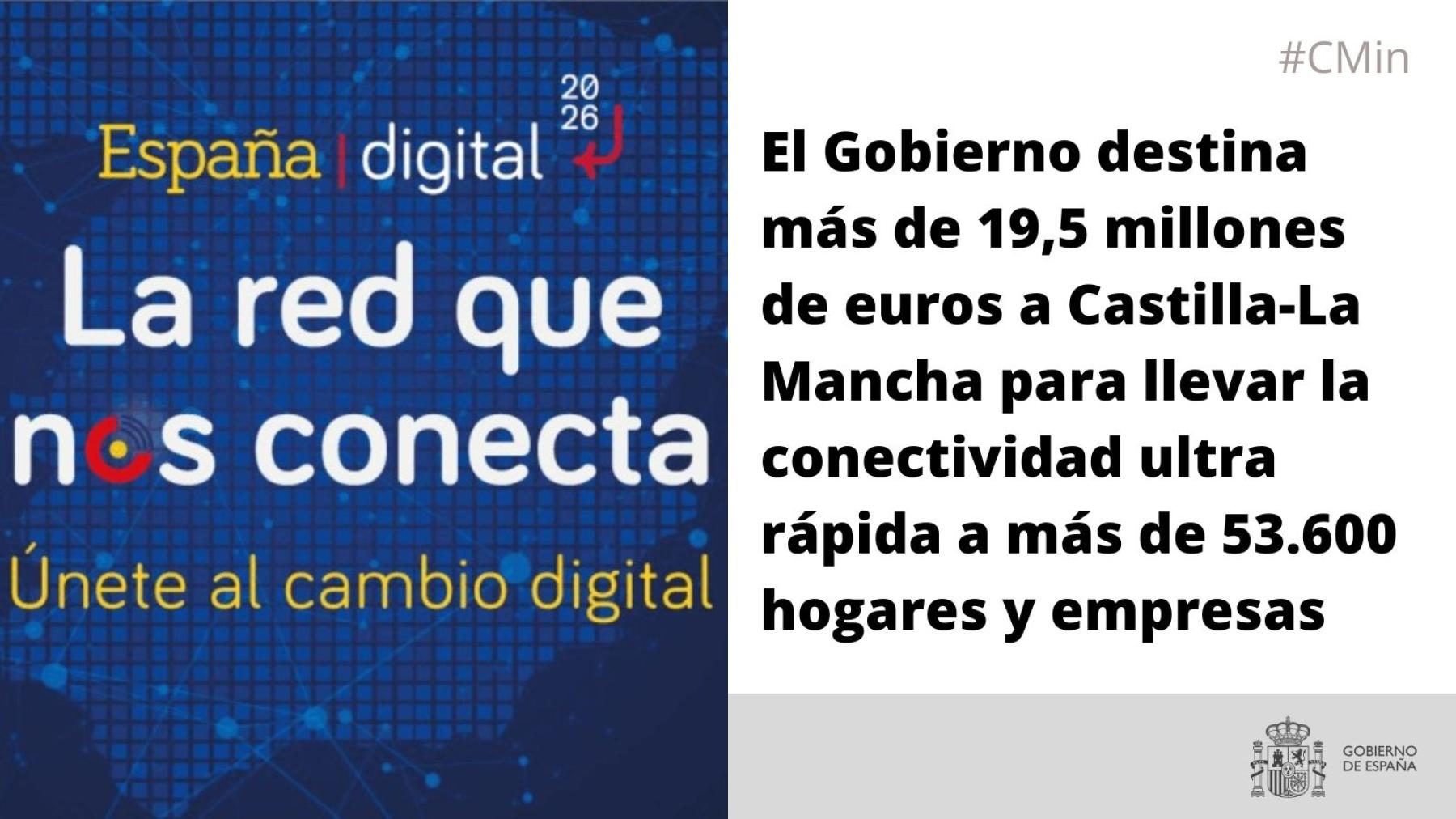 El Gobierno destina más de 19,5 millones de euros a Castilla-La Mancha para llevar la conectividad ultra rápida a más de 53.600 hogares y empresas
