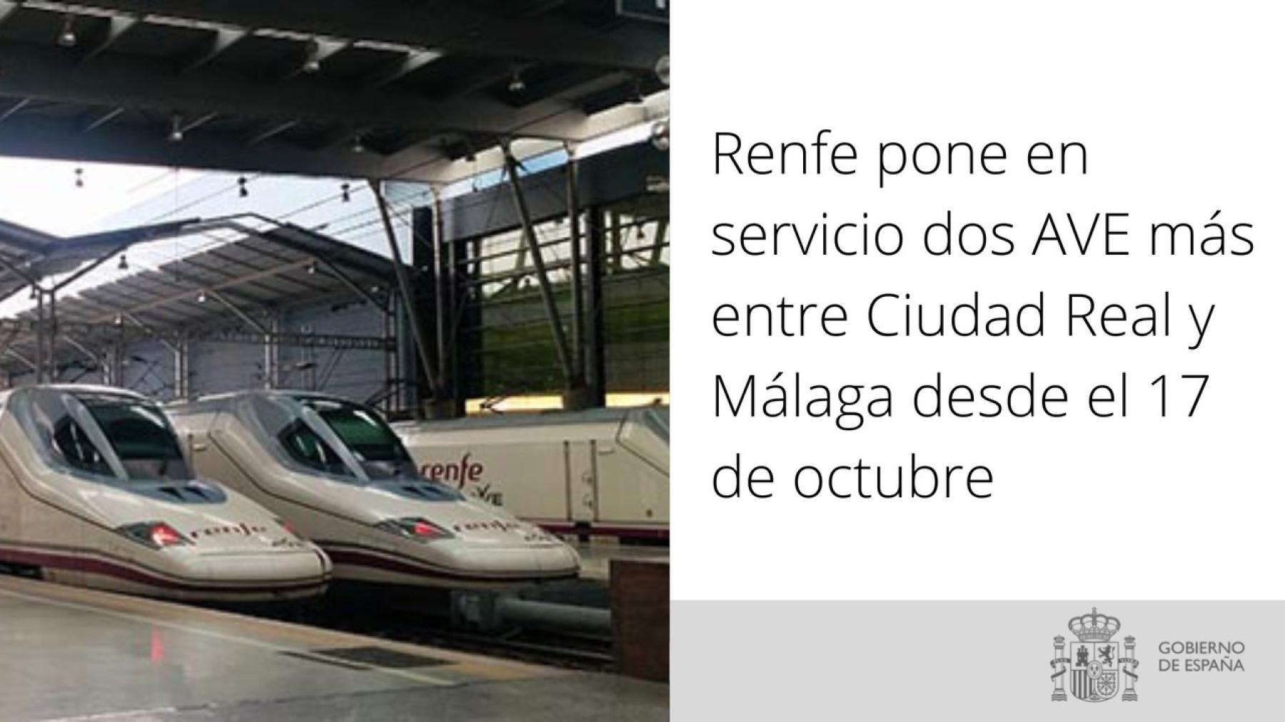 Renfe pone en servicio dos AVE más entre Ciudad Real y Málaga desde el 17 de octubre 