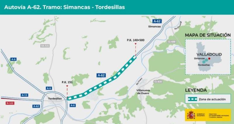 Mitma aprueba el trazado para aumentar la capacidad de la autovía A-62 en el tramo Simancas – Tordesillas, que cuenta con un presupuesto de 55,27 millones de euros