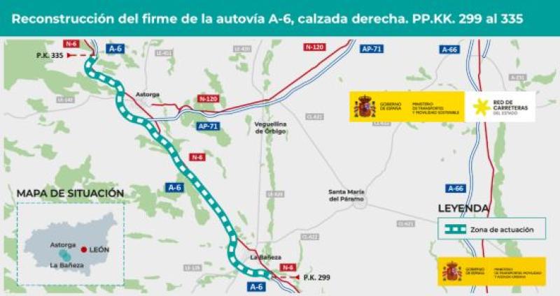 Transportes licita por 12 millones de  euros las obras para rehabilitar la calzada  derecha de la autovía A-6, entre La Bañeza y  Astorga