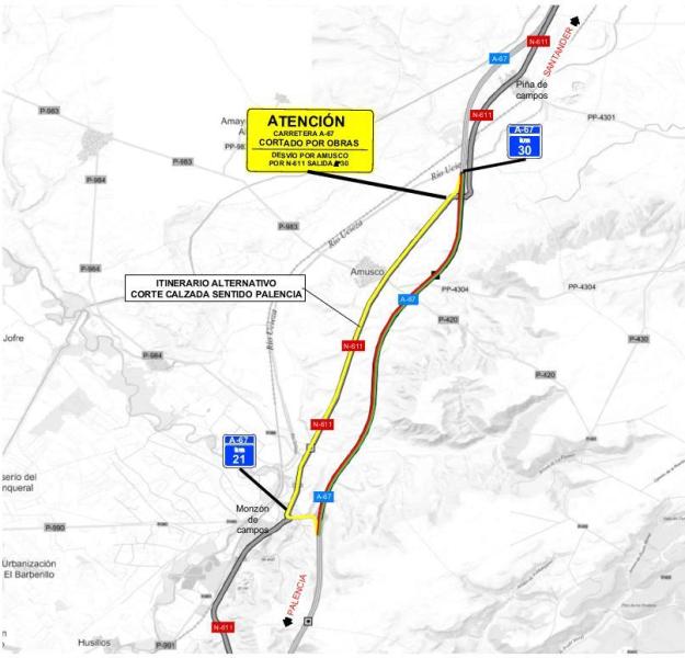 Afectación al tráfico en la autovía A-67 entre  los kilómetros 21 y 30 por la ejecución de las  obras de la nueva Línea de Alta Velocidad  Palencia – Aguilar de Campoo