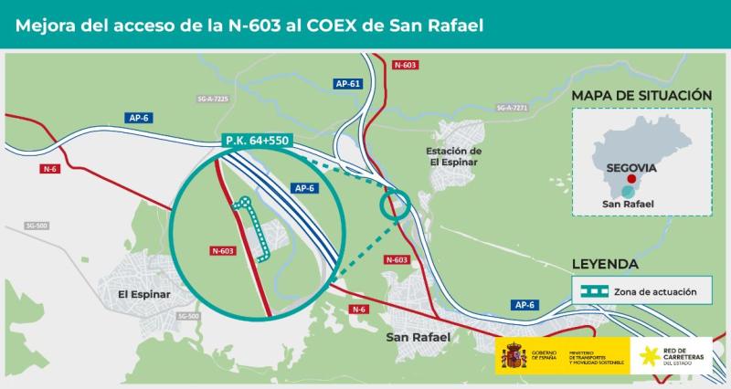 Transportes aprueba el proyecto de trazado para mejorar el acceso desde la N-603 al centro de conservación de carreteras de San Rafael, por 1,56 millones de euros