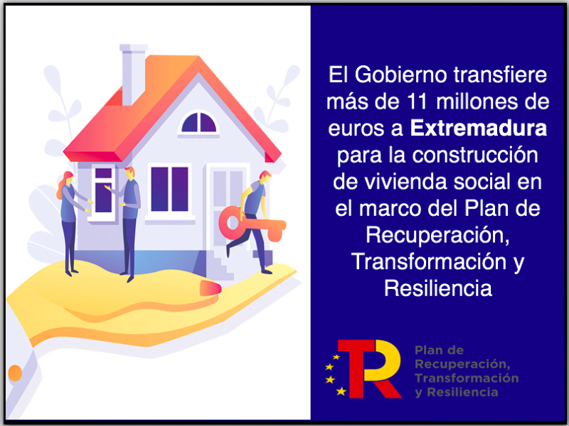 El Gobierno transfiere más de 11 millones de euros a Extremadura para la construcción de vivienda social en el marco del Plan de Recuperación, Transformación y Resiliencia