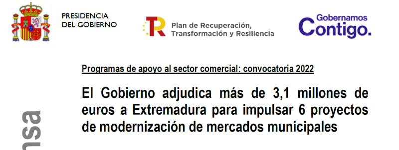 El Gobierno adjudica más de 3,1 millones de euros a Extremadura para impulsar 6 proyectos de modernización de mercados municipales