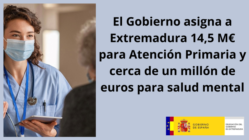 El Gobierno asigna a Extremadura 14,5 millones de euros para Atención Primaria y cerca de un millón de euros para salud mental