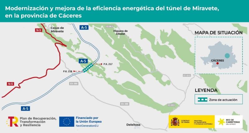 Transportes adjudica por 2,4 millones de euros las obras de modernización del túnel de Miravete, en la A-5 Transportes adjudica por 2,4 millones de euros las obras de modernización del túnel de Miravete, en la A-5