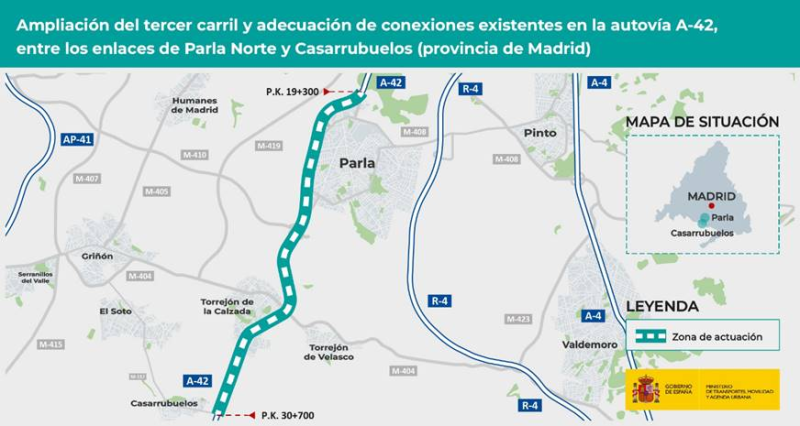 Mitma licita por 1,8 millones de euros la redacción del proyecto para ampliar a un tercer carril el tramo Parla Norte-Casarrubuelos de la autovía A-42