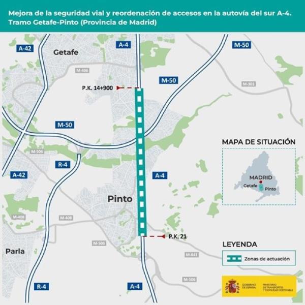 Transportes licita por 2,8 millones de euros la redacción del proyecto para mejorar la seguridad y los accesos en el tramo Getafe-Pinto de la autovía A-4