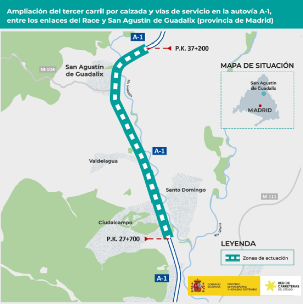 Transportes adjudica por 3,3 millones de euros la redacción del proyecto de tercer carril de la A-1 entre el RACE y San Agustín de Guadalix