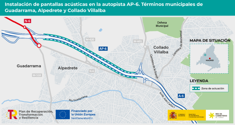 Transportes licita por 1,2 millones de euros la instalación de pantallas acústicas para mitigar el ruido en la AP-6 en Madrid 
