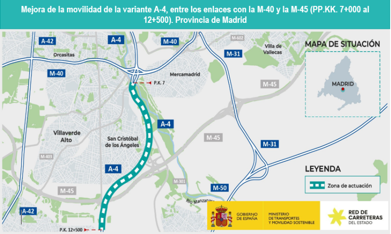 Transportes adjudica por 1,69 millones de euros la redacción del proyecto de tercer carril entre los enlaces de la autovía A-4 con la M-40 y con la M-45 
