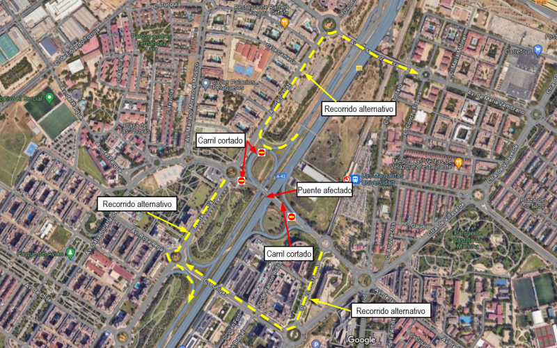 Afectaciones al tráfico en el paso superior
del kilómetro 11 de la A-42 en Getafe por
trabajos de mejora de la estructura Afectaciones al tráfico en el paso superior
del kilómetro 11 de la A-42 en Getafe por
trabajos de mejora de la estructura