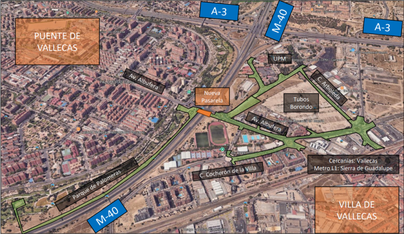 Transportes colabora con el Ayuntamiento de Madrid para la instalación de una pasarela peatonal sobre la M-40 en Vallecas 