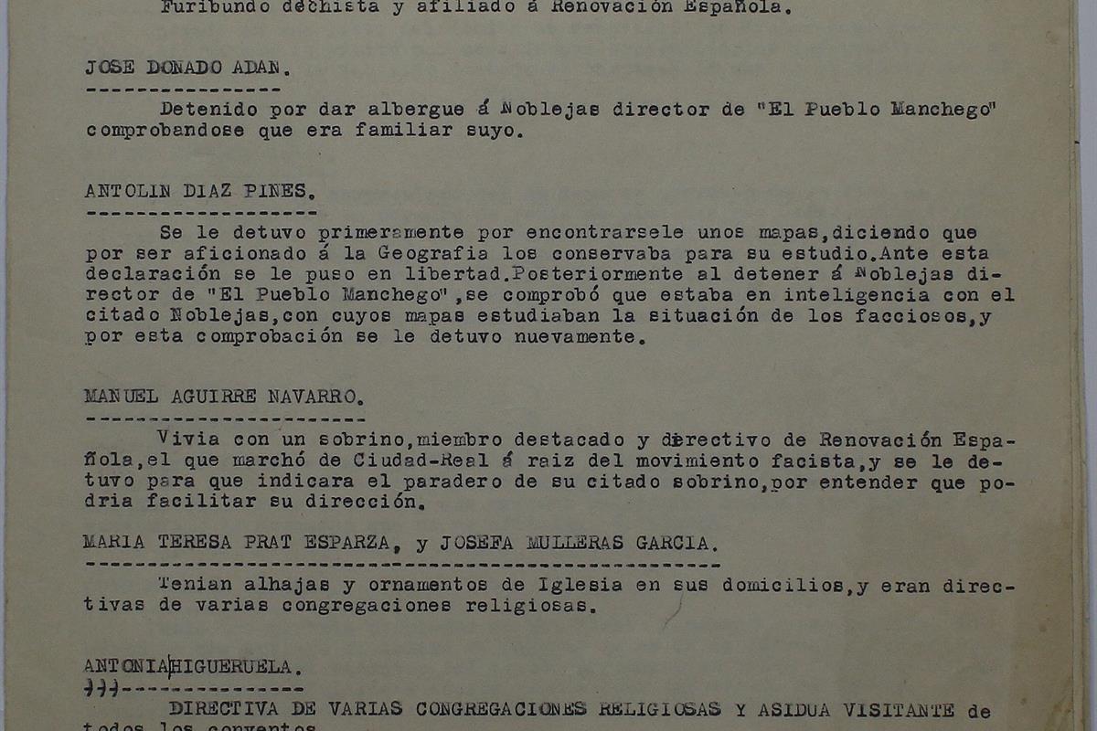 Junta de Comunidades de Castilla-La Mancha/Archivo Histórico Provincial de Ciudad Real. Página de los informes sobre filiación política. Signatura 119906. Fecha: 1936-1939 (aprox.)