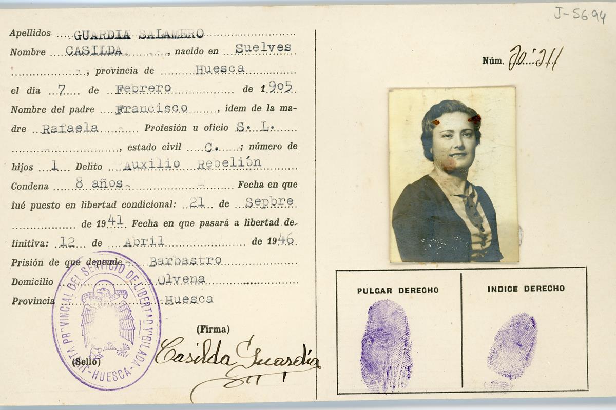 Ficha del fondo del Servicio de Libertad Vigilada de Casilda Guardia Salamero. Archivo Histórico Provincial de Huesca. AHPHU_J_05694_0004