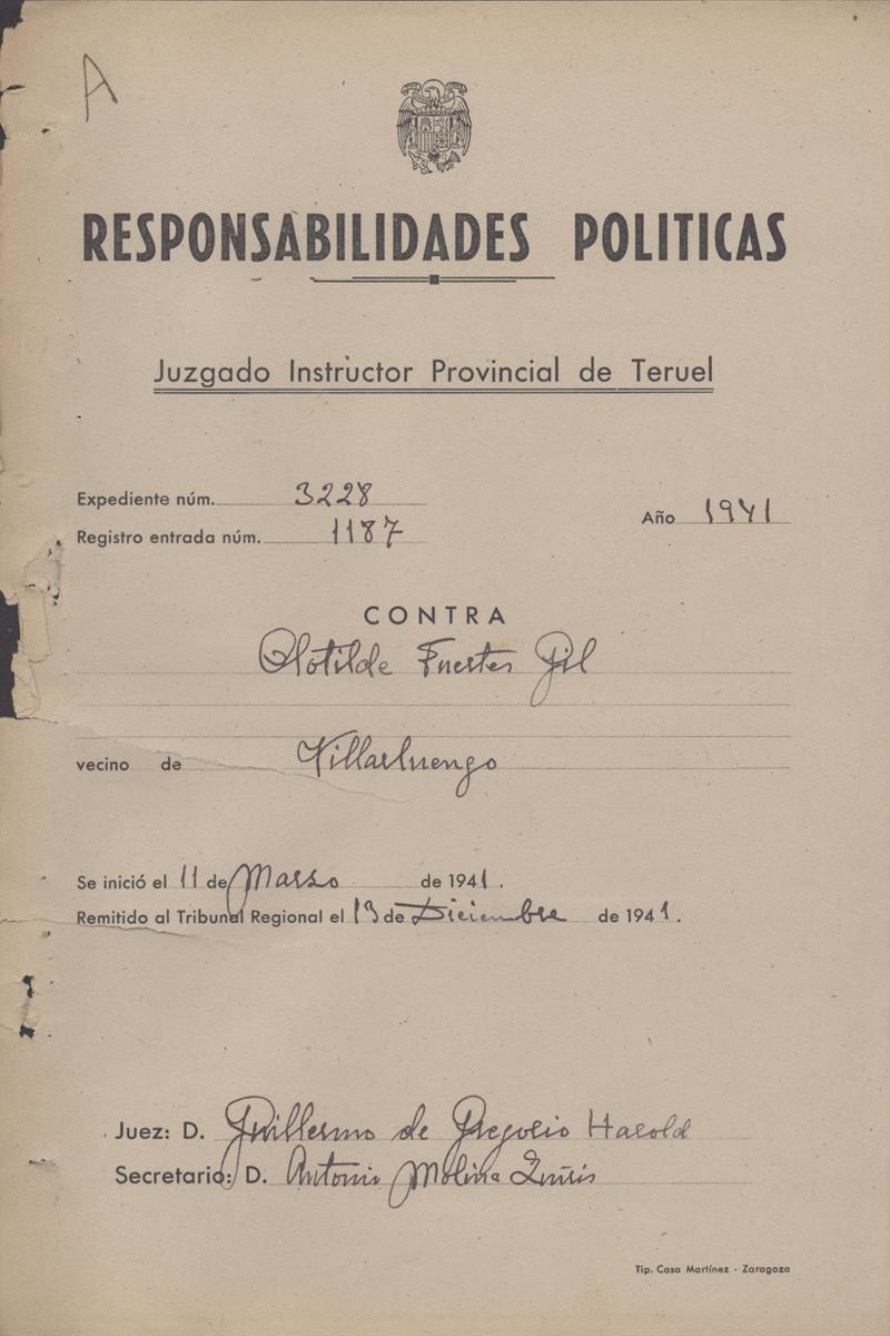 Expediente de responsabilidades políticas de Clotilde Fuertes Gil. Archivo Histórico Provincial de Teruel. AHPTE/00241/0010