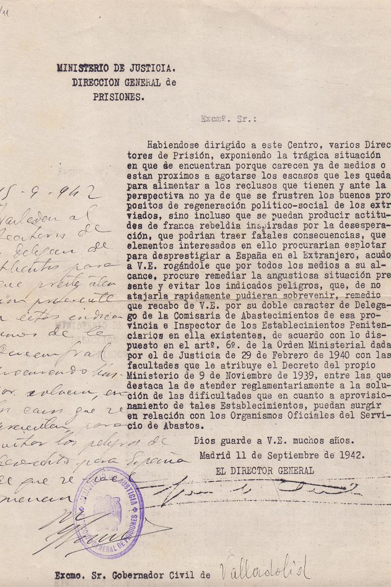 Circular sobre el hambre en las prisiones. Archivo Histórico Provincial de Valladolid. Signatura AHPVa, Gobierno Civil, 6/11