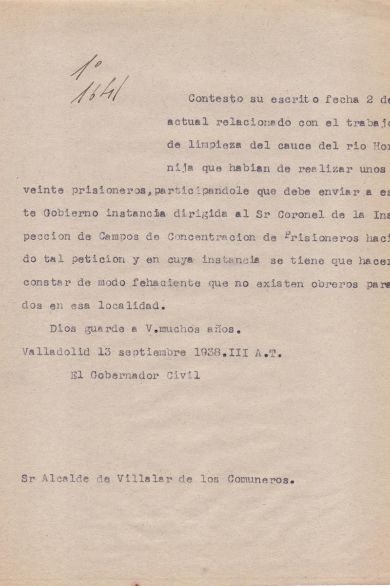 Trabajo forzado de los prisioneros. Archivo Histórico Provincial de Valladolid. Signatura AHPVa, Gobierno Civil, 85/71