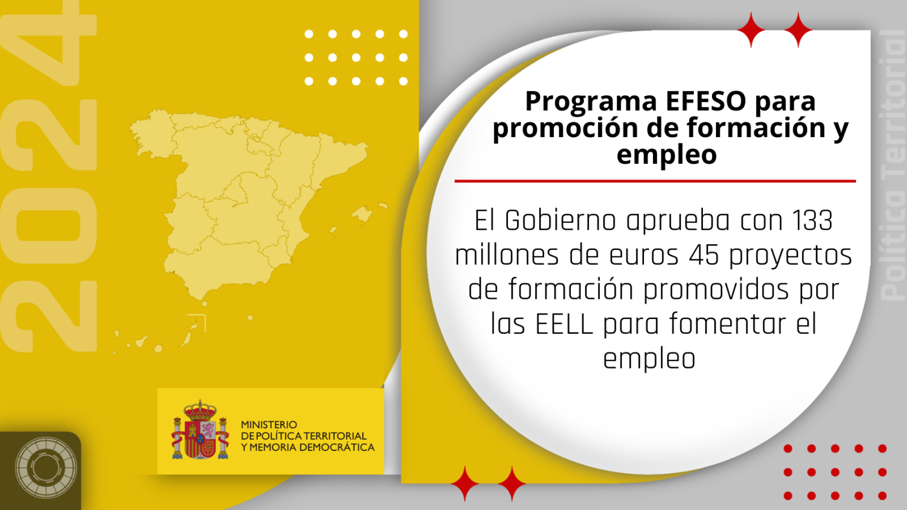 El Gobierno aprueba con 133 millones de euros 45 proyectos de formación promovidos por las EELL para fomentar el empleo 